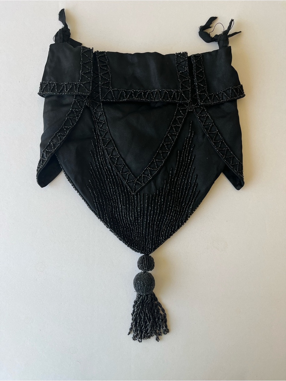 Vintage 1920s Black Beaded Drawstring Reticule Purse Tassel Evening Bag Taffeta - Picture 7 of 14